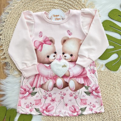 Vestido Manga Longa Ursinhas com Coração de Pelinho - Rosa